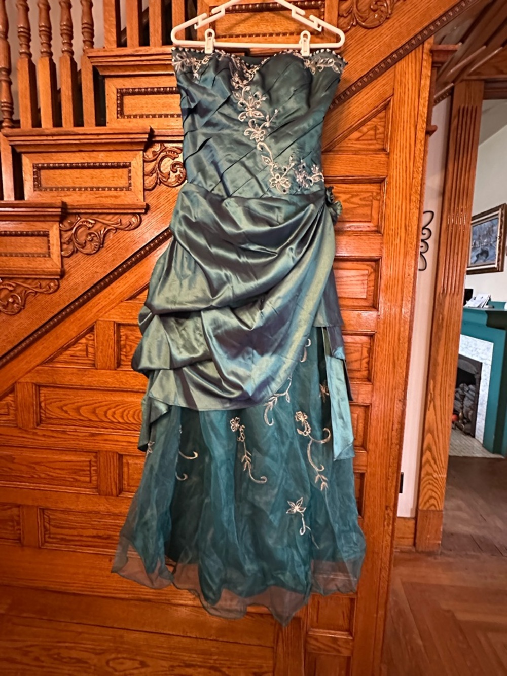 Teal Strapless Embroidered Evening Gown/ Prom Dress